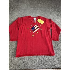 VTG The Quacker Factory Sweater Womens 1X Red V Neck USA Flag Embroidered